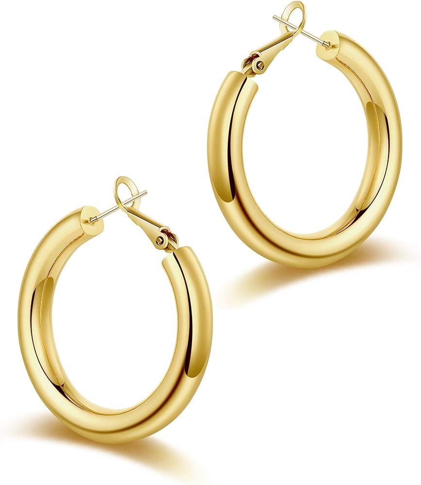 Chunky Gold Hoop Earrings for Women, S925 Sterling Silver Post 14K Gold Plated Thick Tube Lightwe... | Amazon (US)