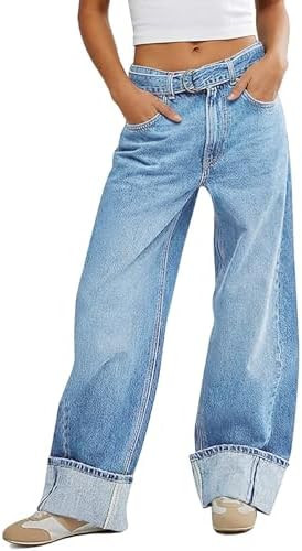 Tankaneo Womens Wide Leg Cuffed Jeans Trendy High Waisted Baggy Denim Pants | Amazon (US)