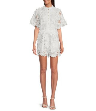 Button Up 3D Lace Scottie Adjustable Self Belt Romper | Dillard's