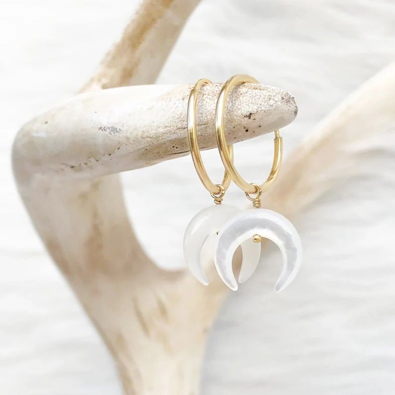 Pearl Moon Earrings, Crescent Moon Dangles, Double Horn Drops, Hoop Earrings, Minimalist Jewelry,... | Etsy (US)