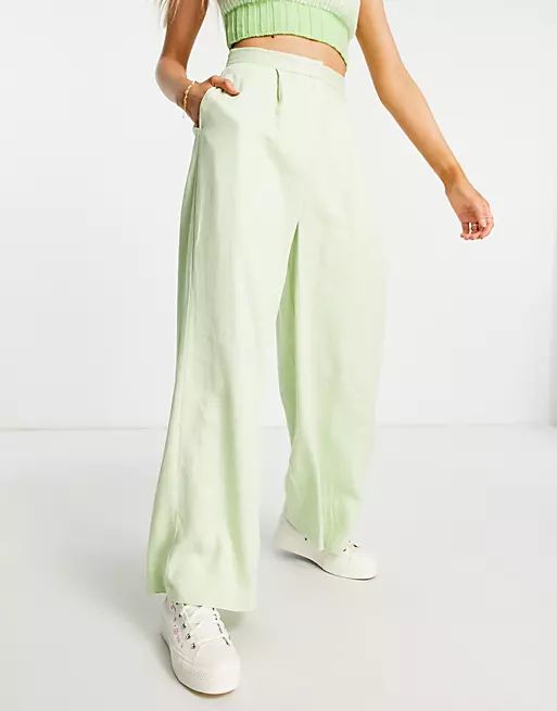 ASOS DESIGN Hourglass linen wide leg relaxed flare suit trousers in lime | ASOS (Global)