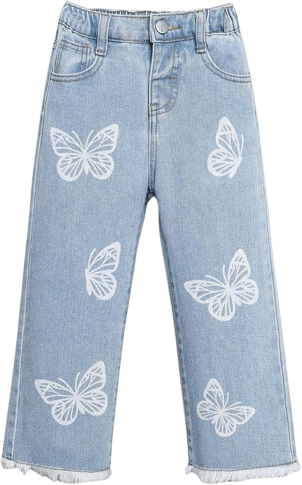 WDIRARA Girls' Butterfly Print Jeans Baggy Denim Pants Elastic Waist Raw Hem Trousers | Amazon (US)