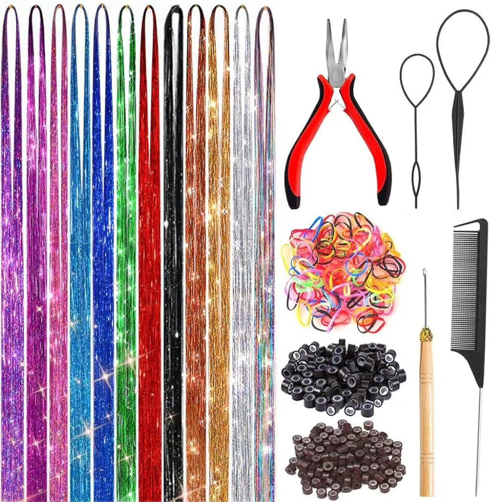 Fairy Hair Tinsel Kit with Tools 48 Inch Heat Resistant Safe 12 Colors Glitter Tinsel Hair Extens... | Amazon (US)