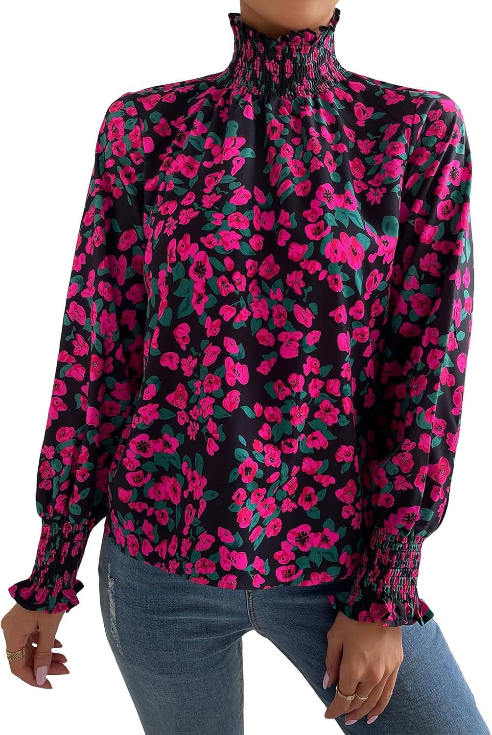 Romwe Women's Floral Print Flounce Long Sleeve Mock Neck Work Blouses Tops | Amazon (US)