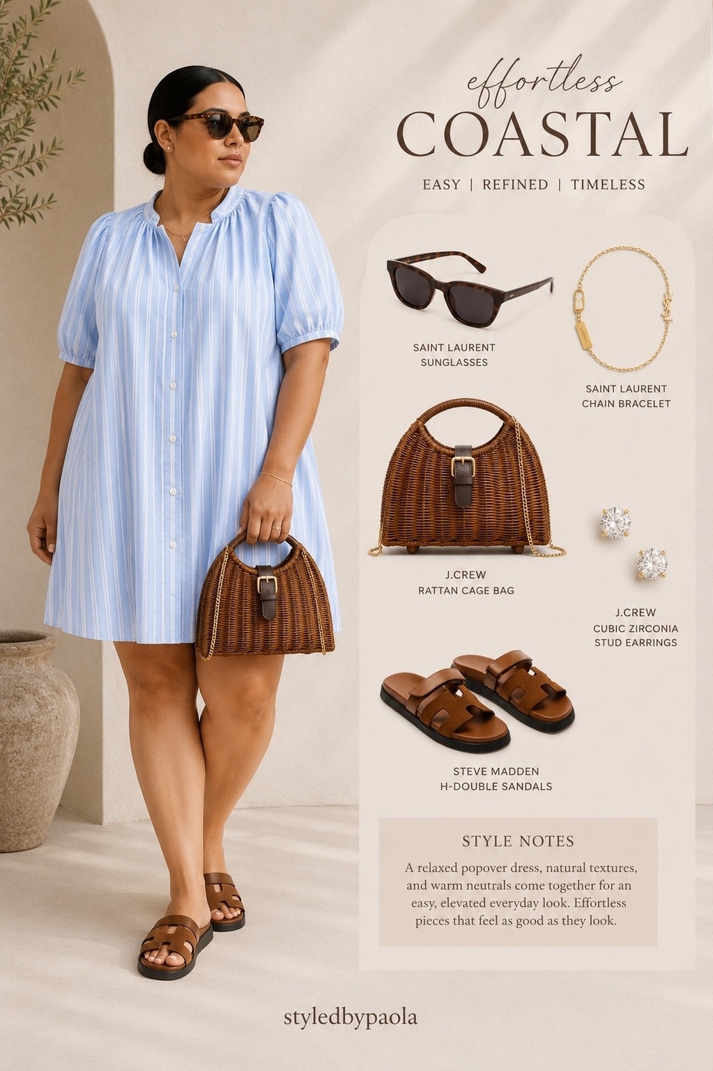 An easy summer outfit you’ll reach for again and again 🤍 The blue striped dress paired with woven textures, rich brown accessories, and simple gold jewelry creates the perfect effortless coastal look. 

Follow @styledbypaola on LTK for more elevated outfit inspiration.

#LTKPlusSize #LTKU #LTKSeasonal