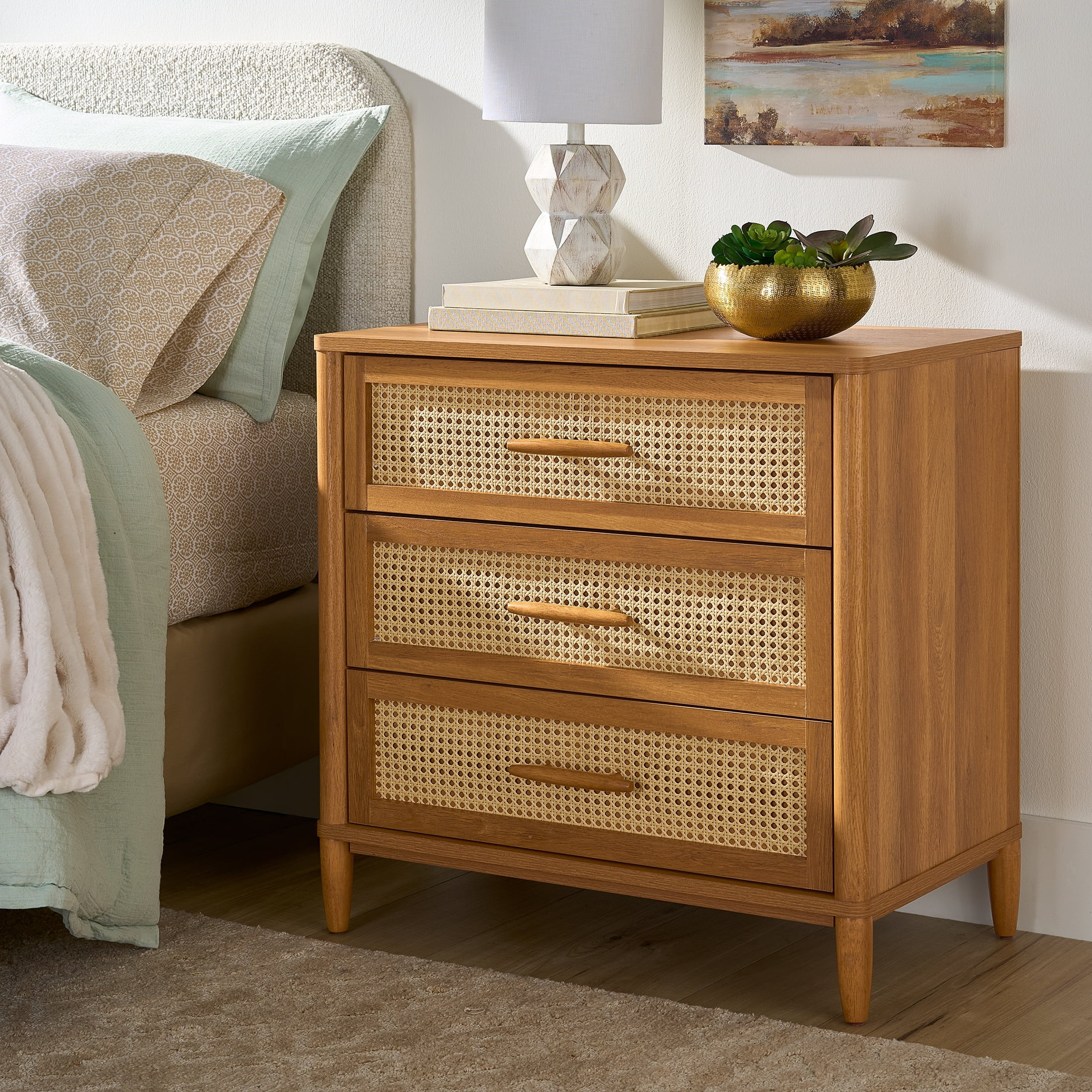 Better Homes & Gardens Springwood Caning 3-Drawer Nightstand with USB, Light Honey finish | Walmart (US)