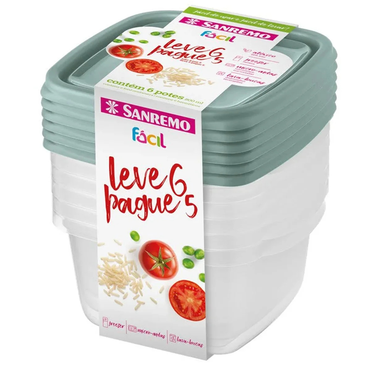 Conjunto 6 Potes Plástico Sanremo 800ml Quadrado Freezer e Micro ondas com Tampa - Camicado | Camicado (BR)