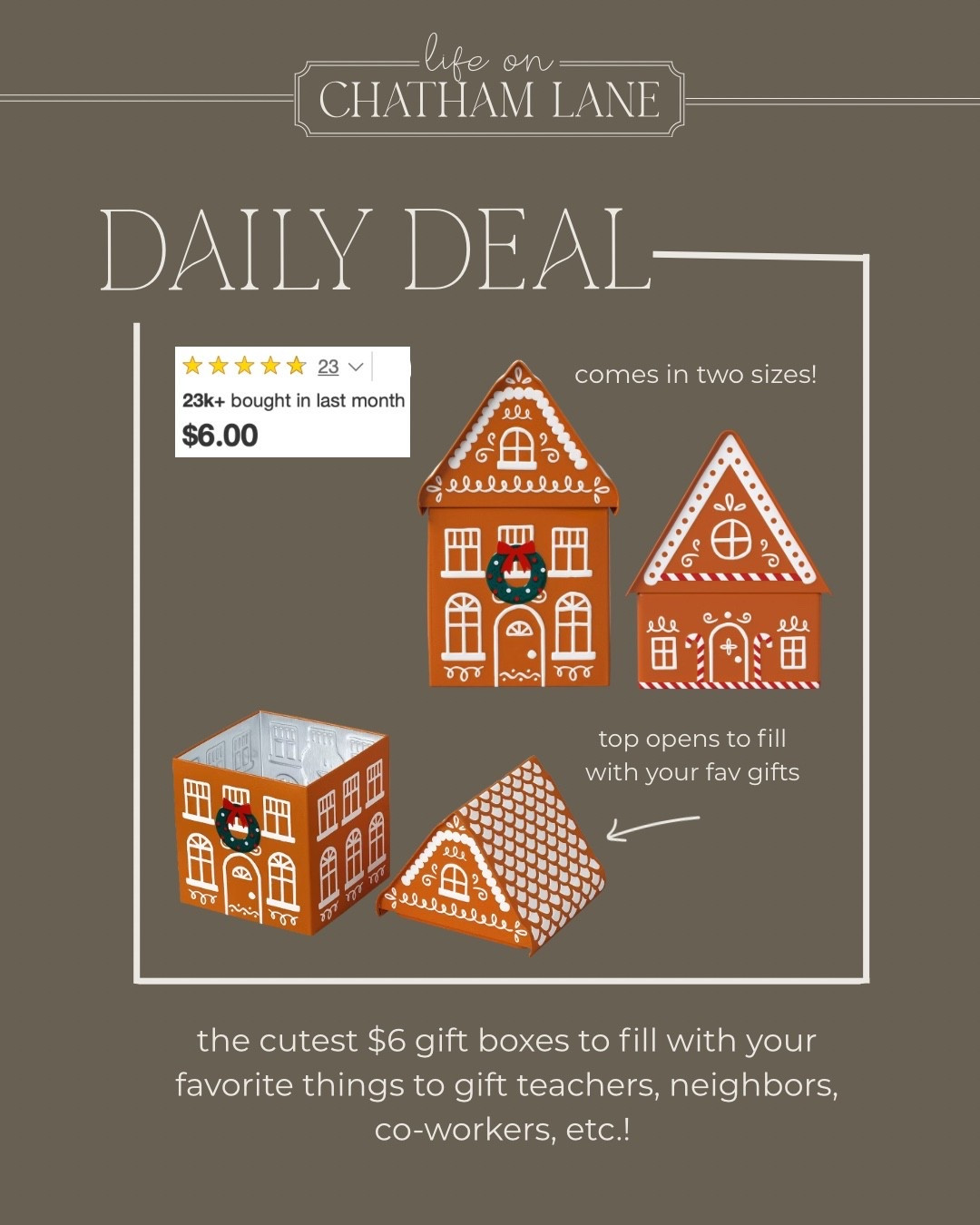 The cutest gingerbread house gift boxes!  Only $6 and comes in two sizes!  23k sold in the last month!  Fill them with shredded paper and your favorite gift items such as lip gloss, gift cards, hand creams, etc. and give them to a coworker, teacher, neighbor, friend, etc.!  Lots of possibilities! 


#LTKHoliday #LTKSeasonal #LTKGiftGuide