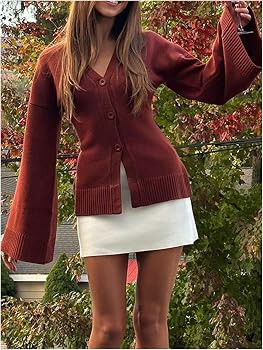 Milumia Women's Long Bell Sleeve Cardigan Cinched Waist Sweater V Neck Button Down Fall Knit Swea... | Amazon (US)