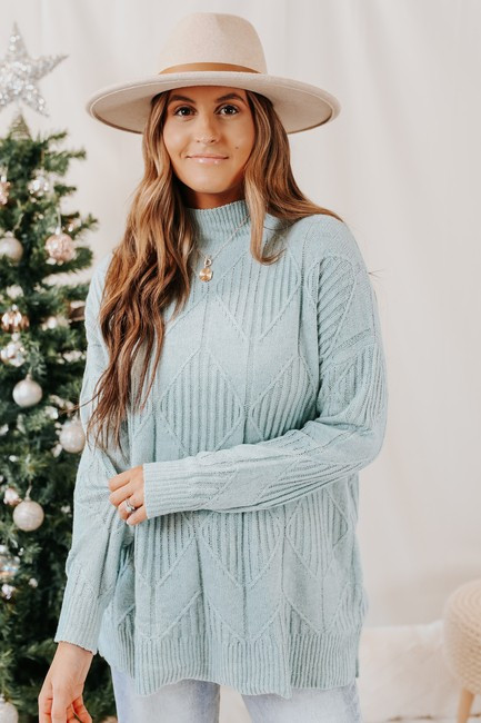 Mock Neck Blue Textured Diamond Sweater - FINAL SALE | Magnolia Boutique