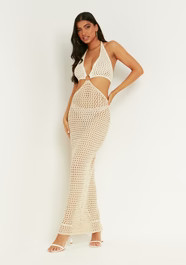 Lola Neutral Two Tone Crochet Maxi Dress | Missy Empire (UK)