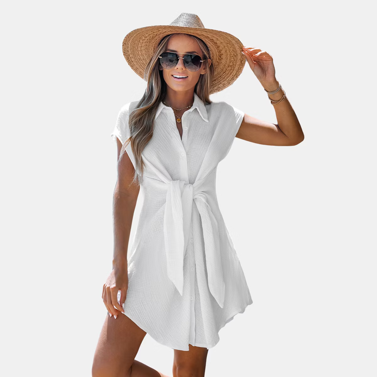 Women's Button-Up & Tie Waist Cover-Up Dress - Cupshe-S-White | Target