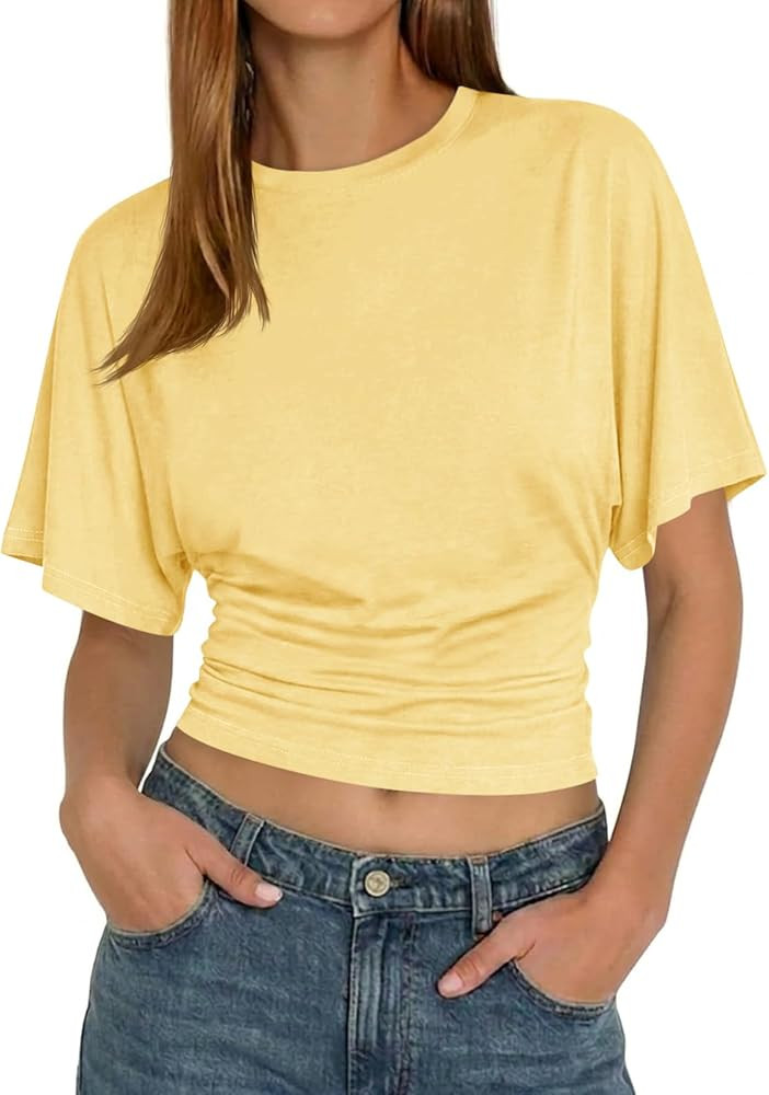 Tankaneo Womens Summer Short Sleeve Crop Tops Waisted Going Out Trendy Casual Loose Fit Basic Tee... | Amazon (US)