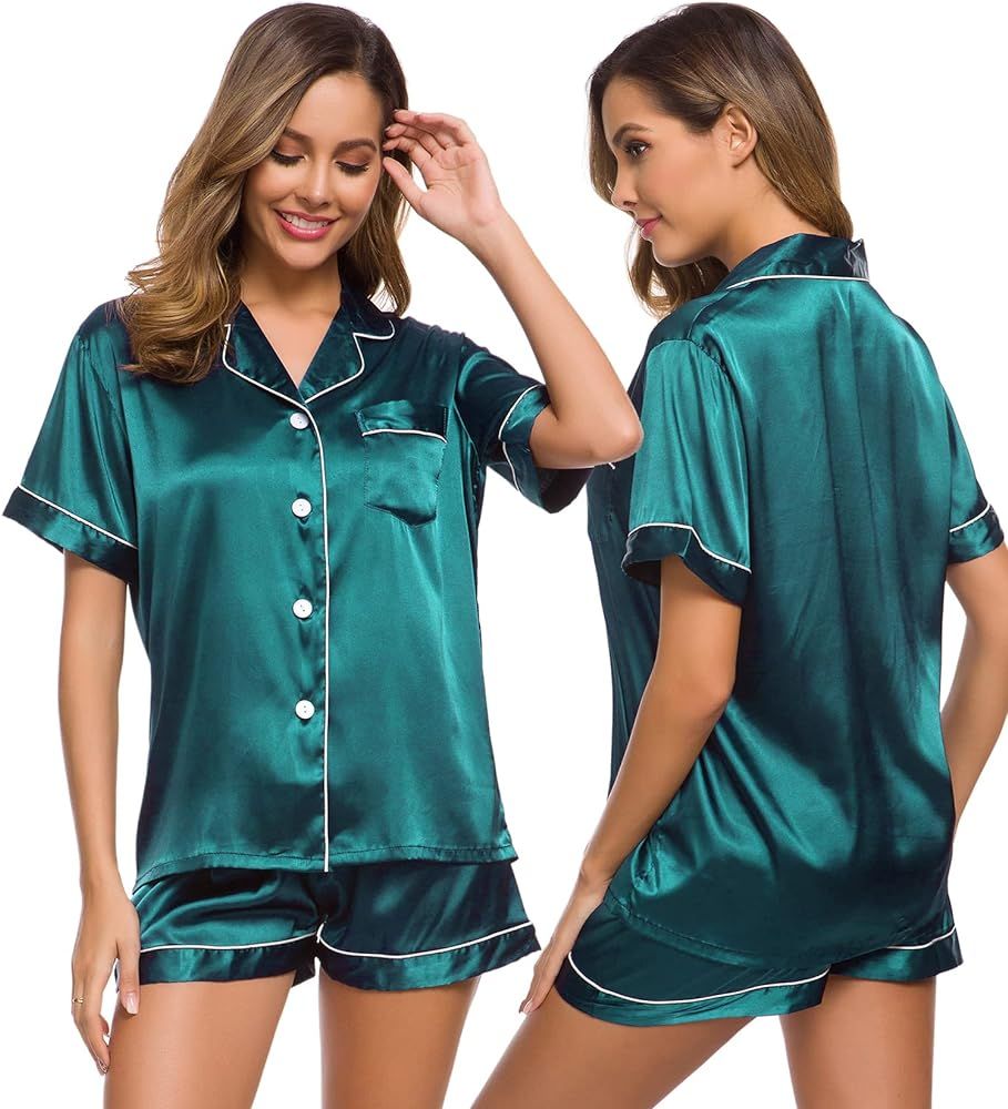 SWOMOG Womens Pajamas Set Silk Satin Sleepwear Short Sleeve Nightwear Button Down Pj Loungewear a... | Amazon (US)