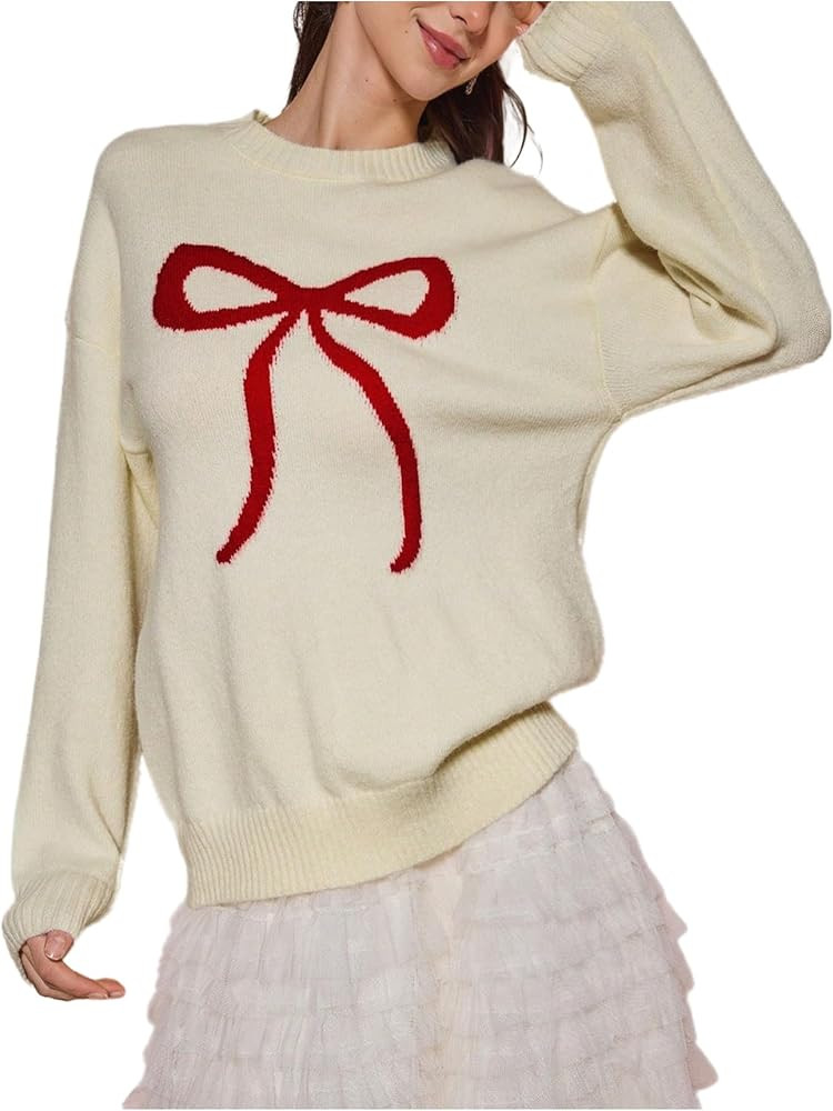 WDIRARA Women's Bow Sweaters Long Sleeve Crew Neck Pullover Knit Tops Y2k Knitwear | Amazon (US)