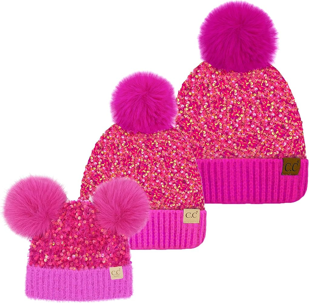 Funky Junque Mommy & Me Matching Double Pom Pom Beanies Set - Adult, Infant, Toddler (3 Pack) | Amazon (US)