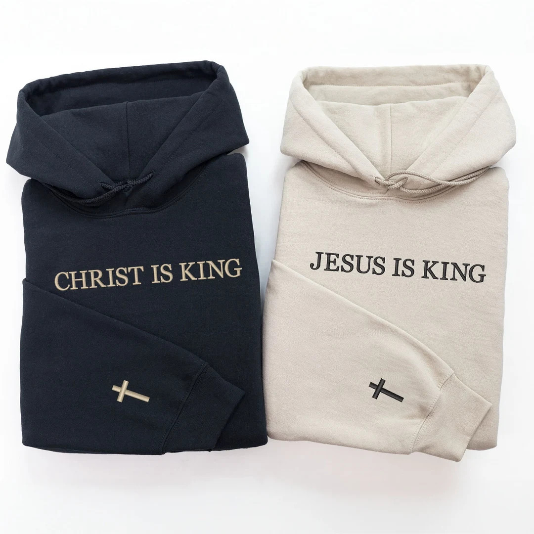 Jesus is King Hoodie Custom Embroidered Sweatshirt Cross on the Sleeve Couples Gift Birthday Gift... | Etsy (US)