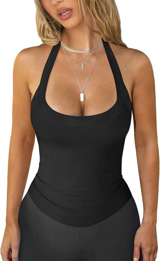 Womens Halter Top Deep Scoop Neck Low Cut Racerback Tank Top for Women Workout Ribbed Knit Fitted... | Amazon (US)