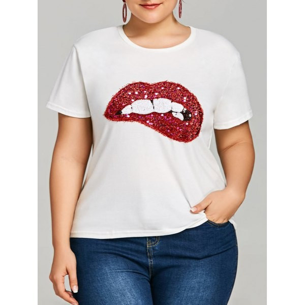 Plus Size Sequin Lip T shirt | Trendsgal US