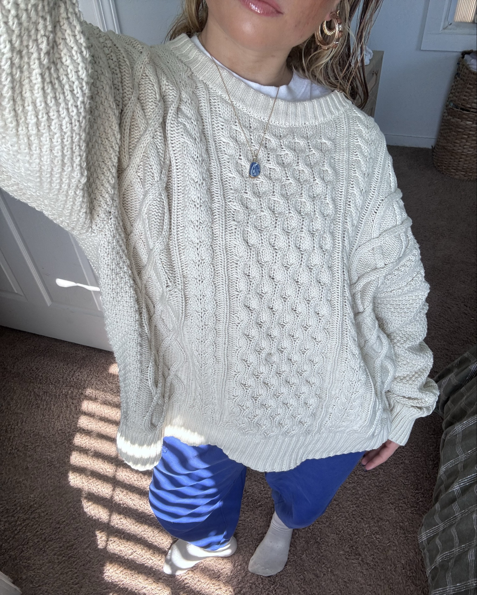 cozy outfit for my morning walk! sweater and under shirt in a size small, and sweats in a size small