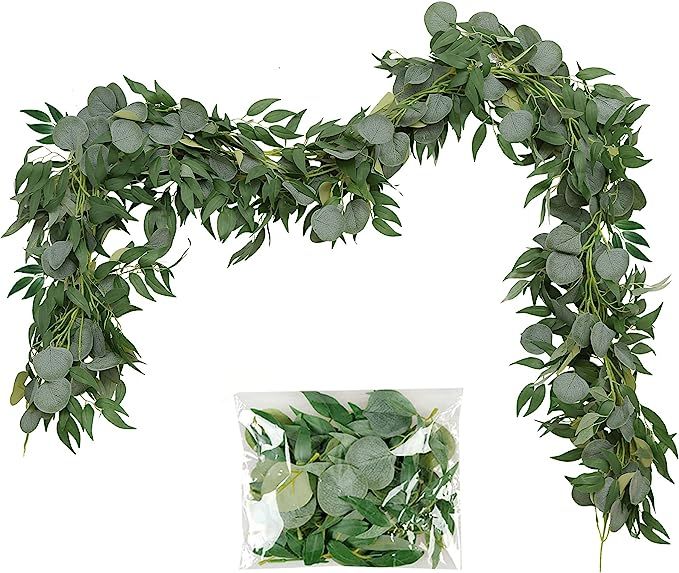 Greentime 2 Pack 6.5 Feet Artificial Silver Dollar Eucalyptus Leaves Garland with Willow Vines Le... | Amazon (US)