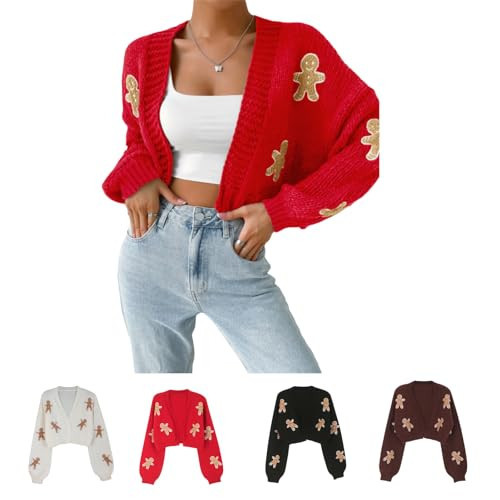 Gingerbread Cardigan Women, Women's Christmas Cropped Cardigan, Gingerbread Cardigan Women, Gingerbread Man Cardigan (Red,Medium) | Amazon (US)