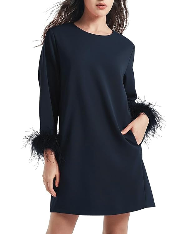 D-Sun Women Feather Dress Round Neck Casual 3/4 Feather Sleeves Party Dress Elegant Wedding Guest... | Amazon (US)