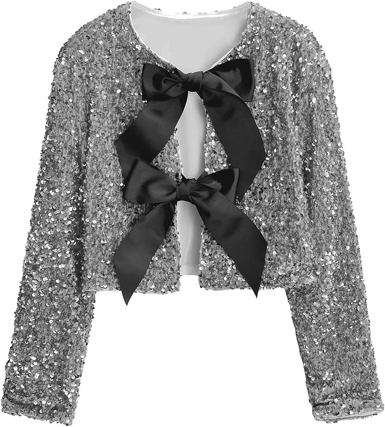 Women Tie-Front Sequined Jacket Long Sleeve Sparkling Cropped Top with Bow Party Concert Night | Amazon (US)
