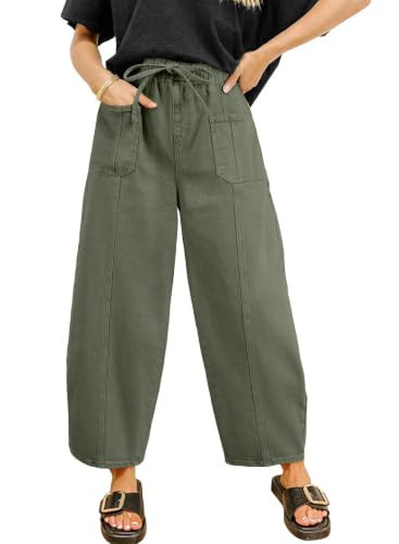 Sidefeel Womens Barrel Jeans Drawstring Baggy Denim Pants Green Size 16 | Amazon (US)