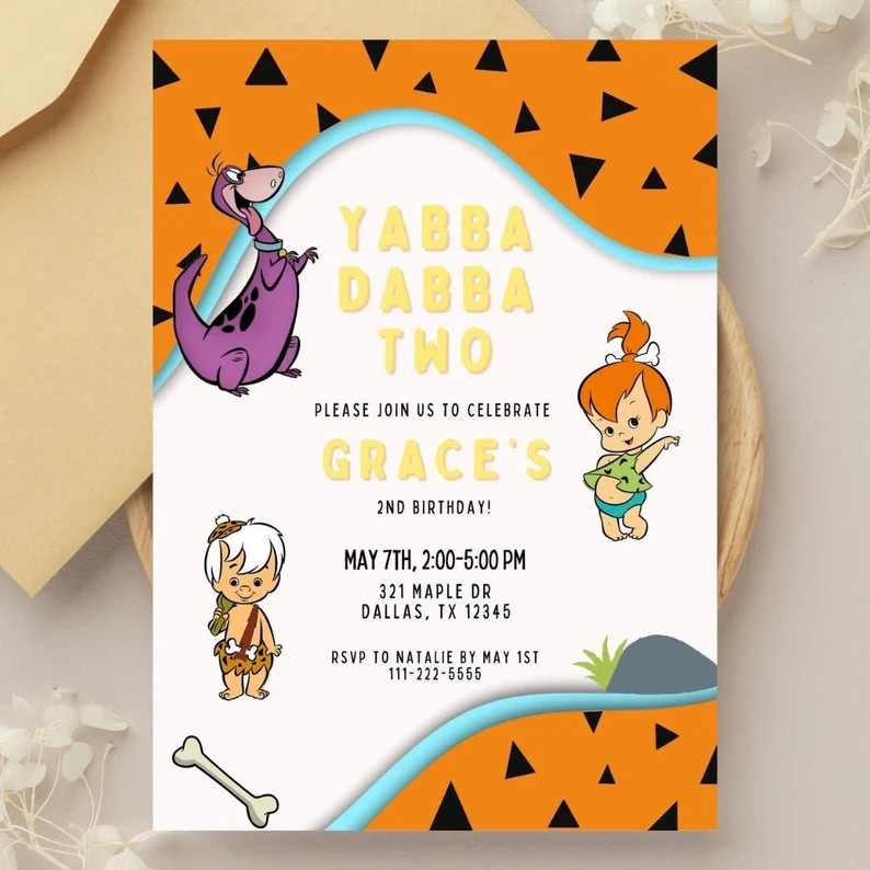 Yabba Dabba Two Birthday Invitation Template,digital Download,orange Flintstones Birthday Invite,... | Etsy (US)