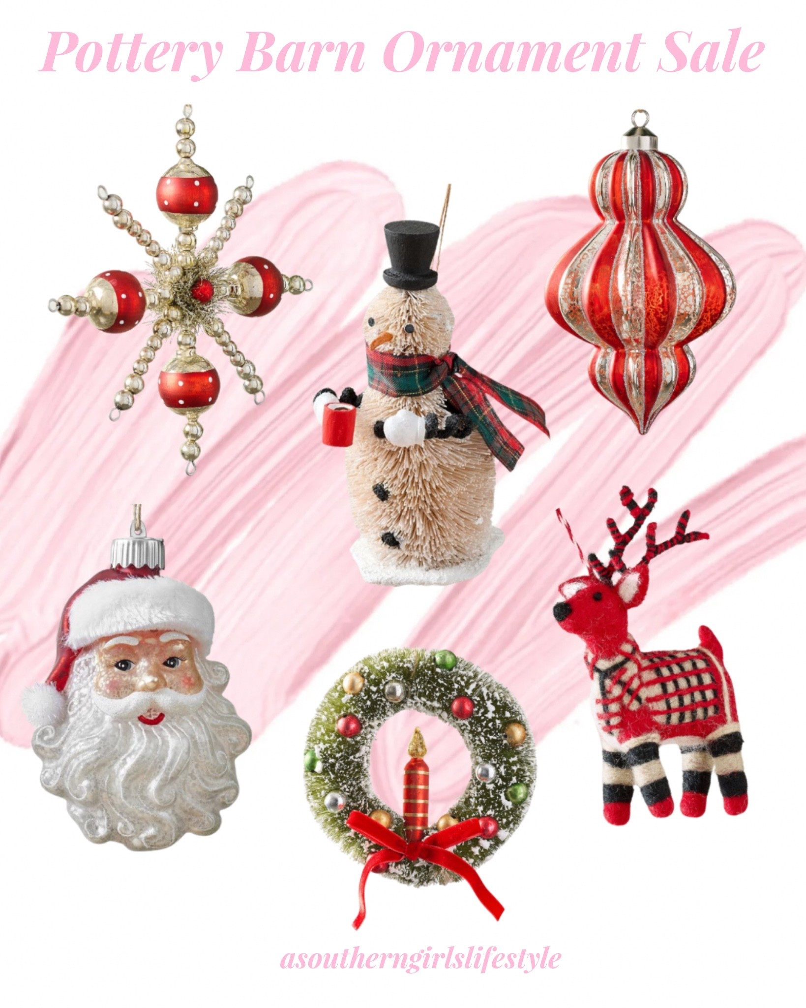 Pottery Barn Ornaments are on Sale! My favorite time to get them!

Vintage Glass Beaded Snowflake Ornament,  Bottlebrush Snowman Ornament, Red And Silver Finial Ornament, Lit Mercury Santa Ornament, Candle Wreath Ornament & Felt Reindeer Ornament 

Christmas Decor. Christmas Tree. Christmas Home  


#LTKHoliday #LTKHome #LTKSeasonal