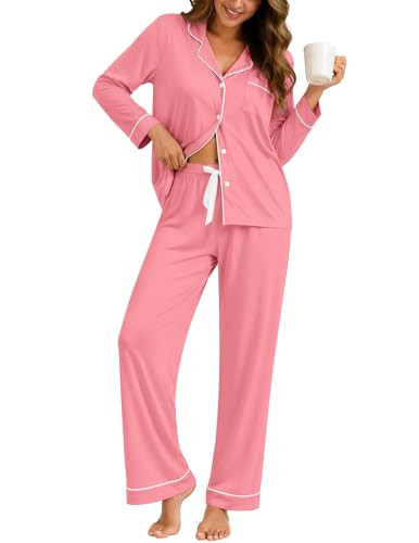 ZMJ Pink Pjs for Women Long Sleeve Shirt and Pajama Pants XL | Amazon (US)