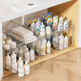 4 Pack 2 Tier Clear Under Sink Bathroom Organizer Vanity Countertop Storage Container with Pull-Out Drawers | The Home Depot