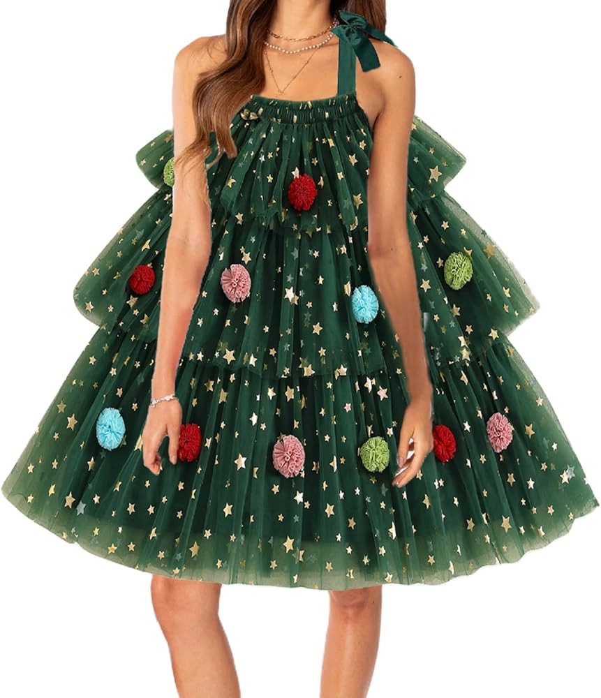 Women Christmas Tree Dress Sleeveless Sequin Layered Tulle Tutu Green Dress Christmas Xmas Tree C... | Amazon (US)