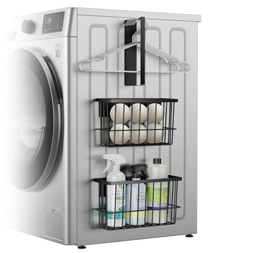 Laundry Room Organization and Storage Magnetic Dryer Ball Holder with Magnetic Hanger Holder, Magnetic Lint Bin for Washer Dryer, Iron Basket Dryer Ball Container, Magnetic Laundry Organizer (Black) | Amazon (US)