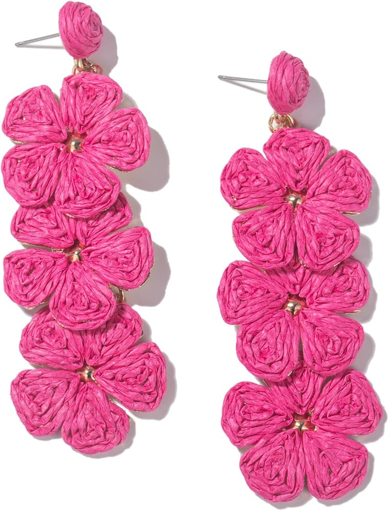 Boho Flower Earrings Statement Raffia Dangle Earrings Cute Floral Jewelry Trendy Summer Beach Vacation Outfits for Women | Amazon (US)