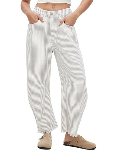Kedera Womens Mid Rise Stripe Barrel Jeans Casual Baggy Wide Leg Loose Cropped Ankle Pants with Pockets | Amazon (US)