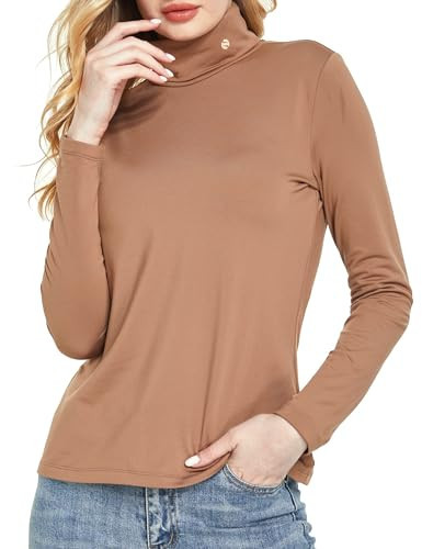 SSLR Brown Turtleneck Women Thermal Shirts Turtle Necks Long Sleeve Tops Fleece Lined Winter Slim Fitted Mock Neck Base Layer (Medium, Brown) | Amazon (US)