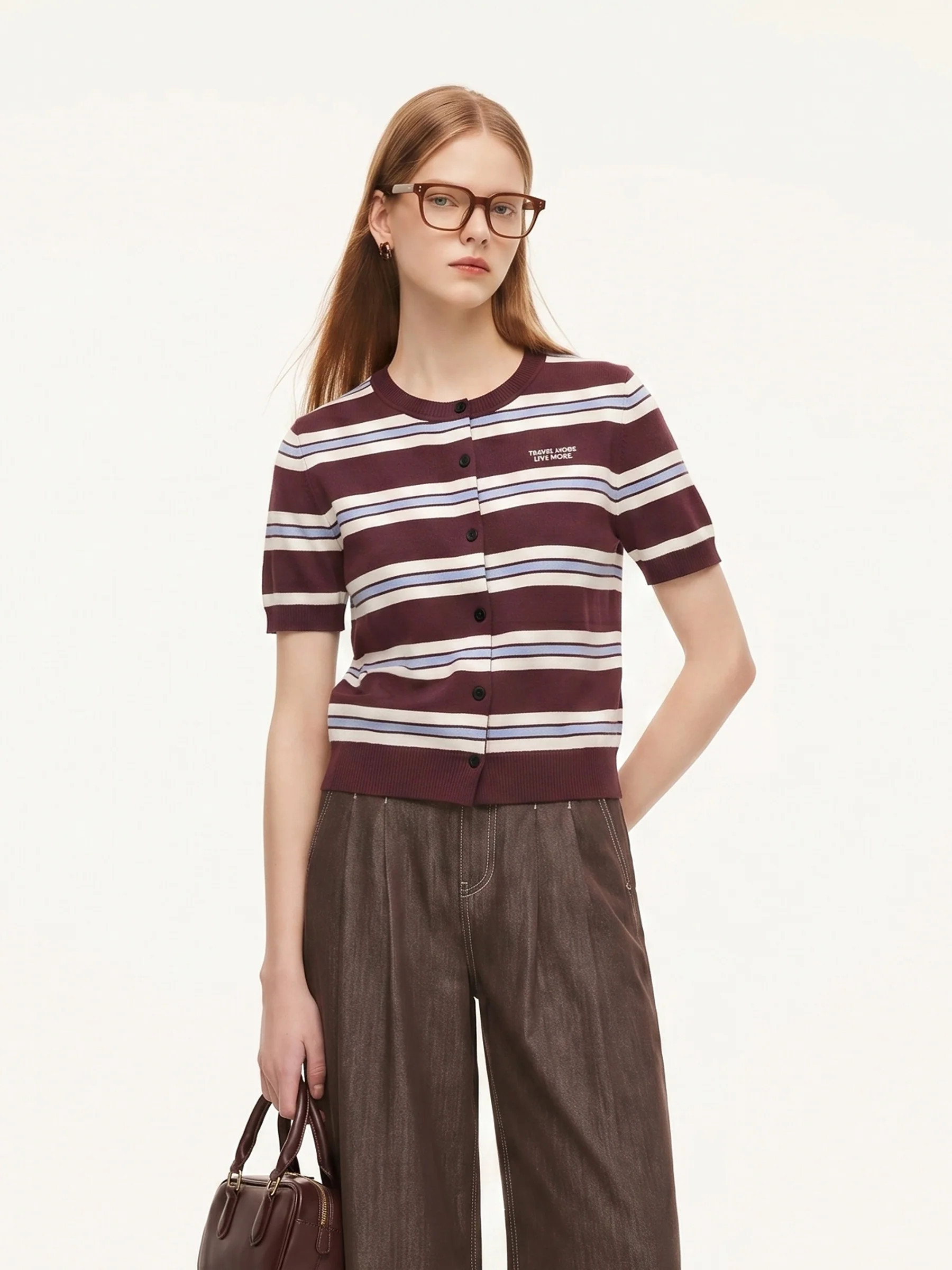 Tencel Blend Multicolored Stripe Letter Embroidered Women Cardigan | GOELIA
