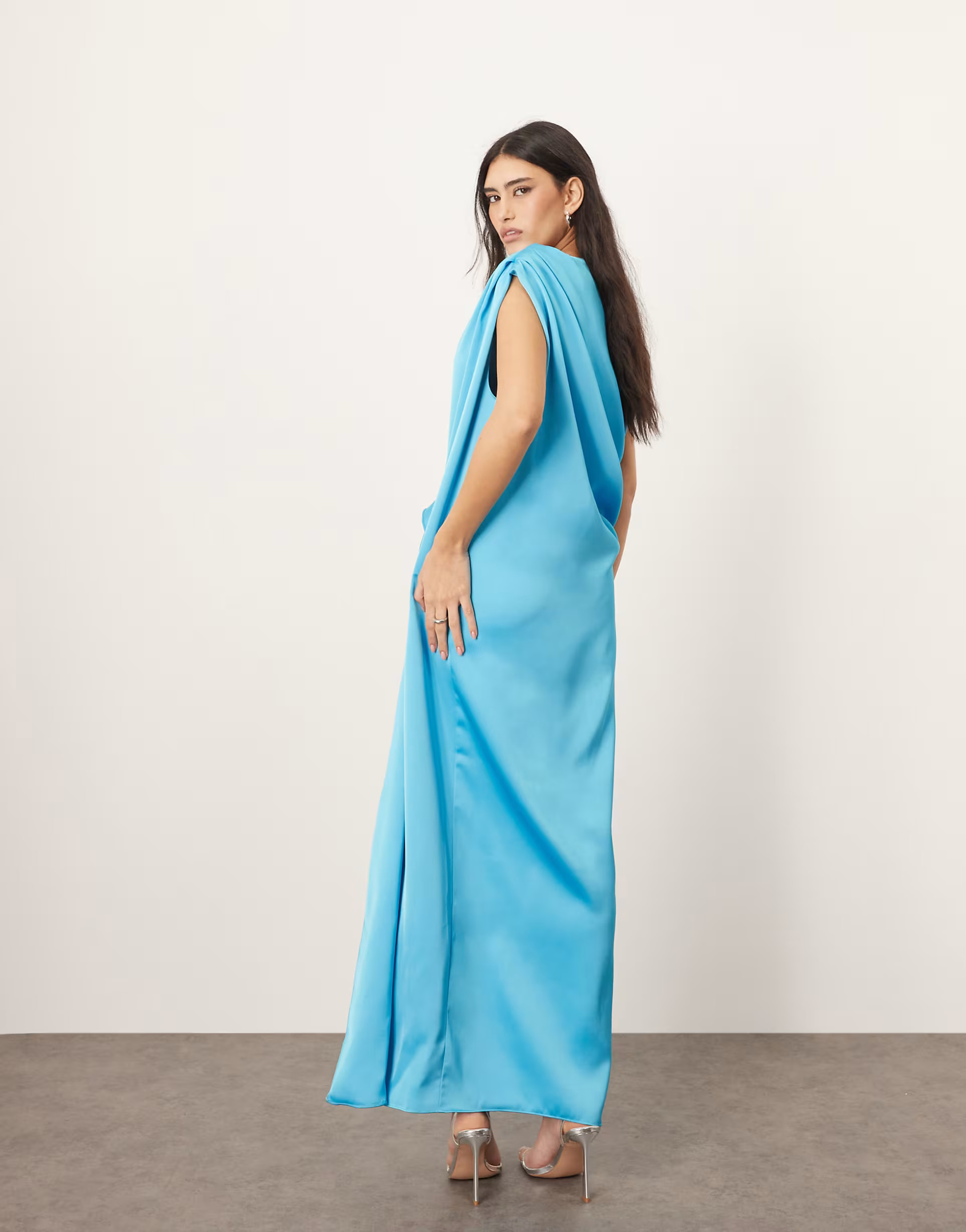 ARRANGE satin side drape off shoulder maxi dress in bright blue | ASOS (Global)