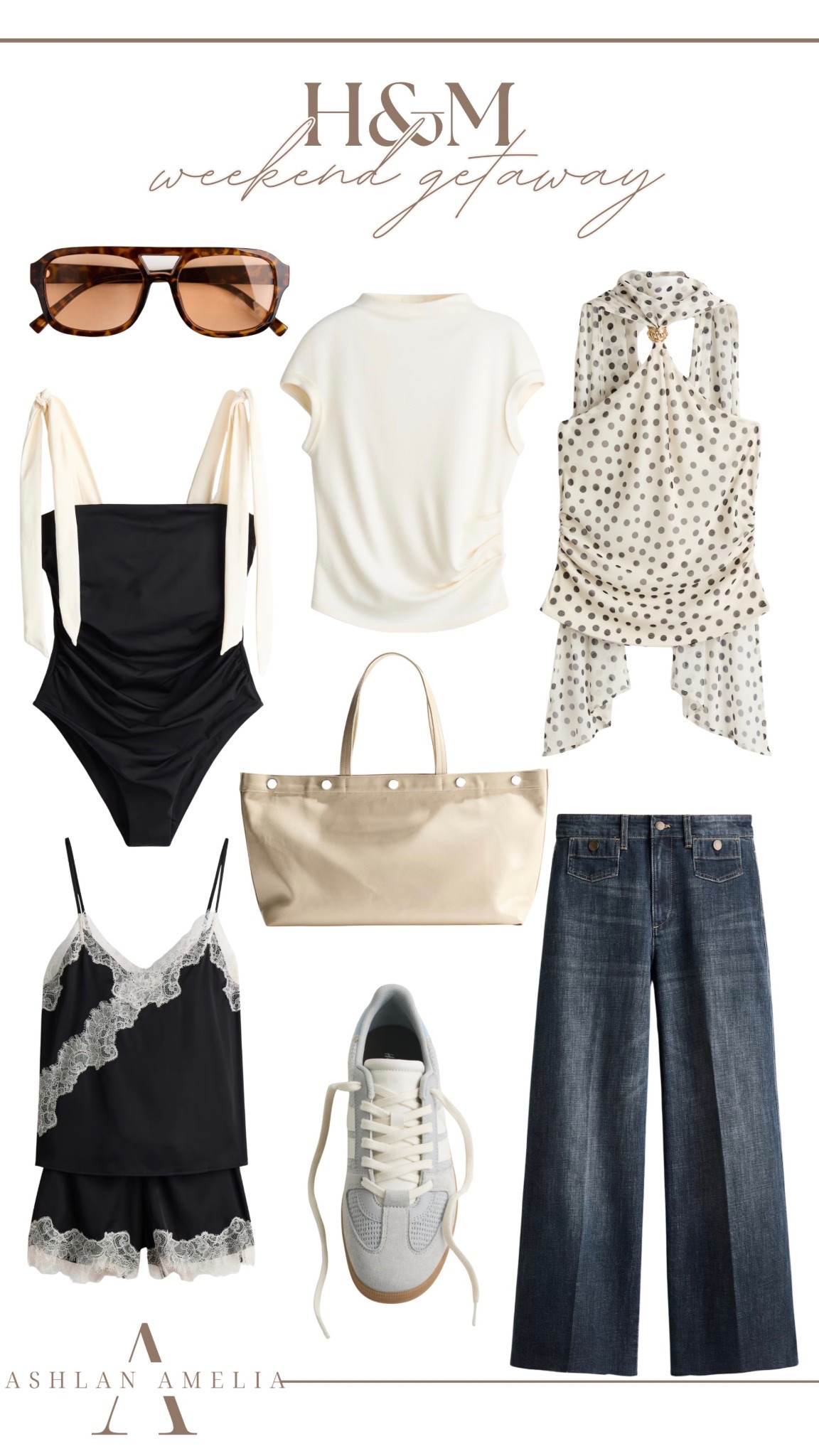 sunglasses, one piece swimsuit, tote bag, polka dot top, wide leg jeans, white top, sneakers, spring outfit, travel outfit, chic outfit 

#LTKSeasonal #LTKgrwm #LTKootd