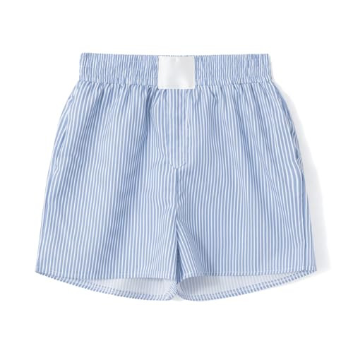 Y2k Gingham Boxers Shorts Plaid Lounge Shorts for Women Cute Low Rise Micro Button Striped Pajamas Bottoms Summer Loose Fit Checkered Pj Shorts Beach Wear (F Blue, XL) | Amazon (US)