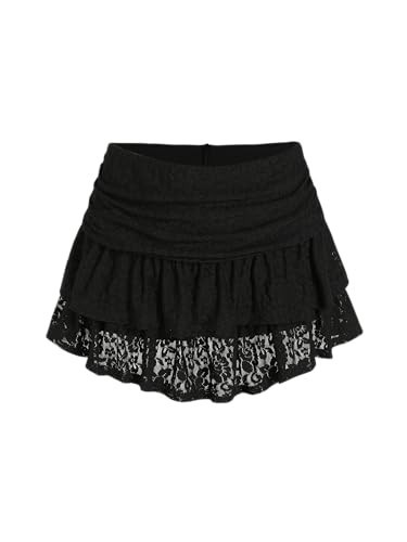 CIDER Women's Ruched Floral Lace Knit Layered Mini Skort: Black, L | Amazon (US)