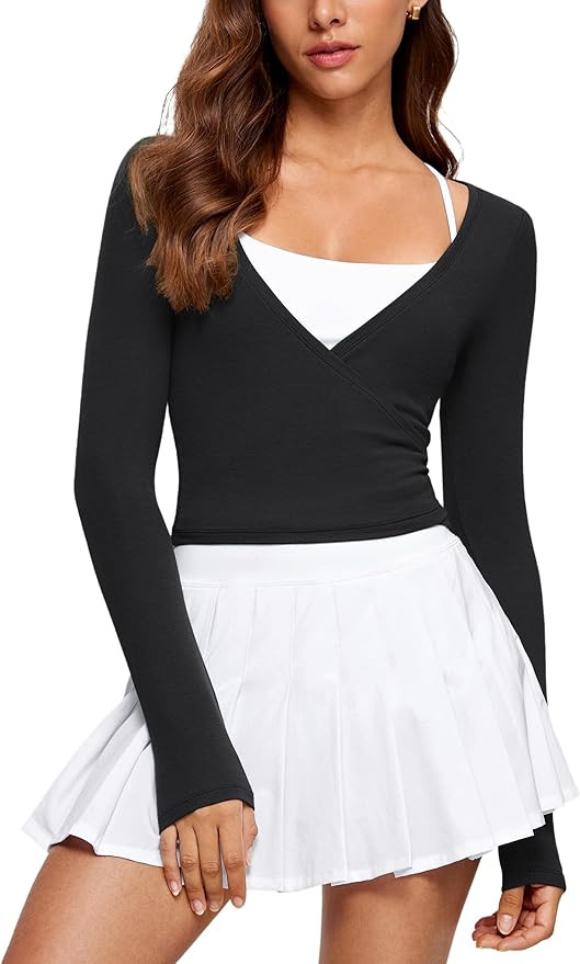 Womens V-Neck Long Sleeve Cross Wrap Top Slim Fit Soft Knit Layering Shirt Casual Yoga Gym Bandag... | Amazon (US)