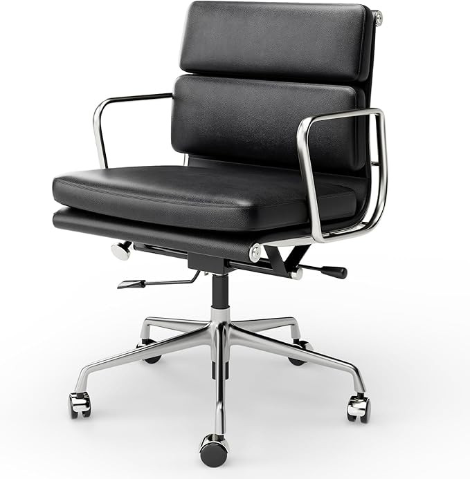 Genuine Leather Office Chair, Mid Back Padded Executive Desk Chair with Arms and Wheels, Modern R... | Amazon (US)