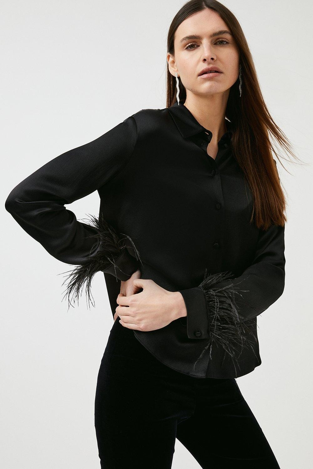 Viscose Satin Crepe Feather Cuff Shirt | Karen Millen UK & IE