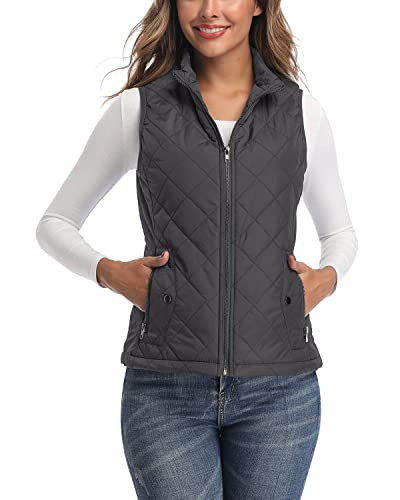 LONGKING Dark Grey Women's Vest, Stand Collar Lightweight Zip Quilted Vest for Women XS | Amazon (US)