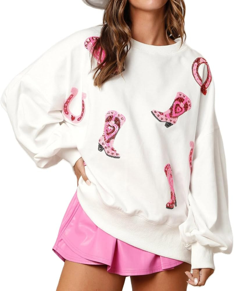 Women Cute Glitter Holiday Letter Sweaters Sparkle Sequin Long Sleeve Tops Casual Round Neck Pull... | Amazon (US)