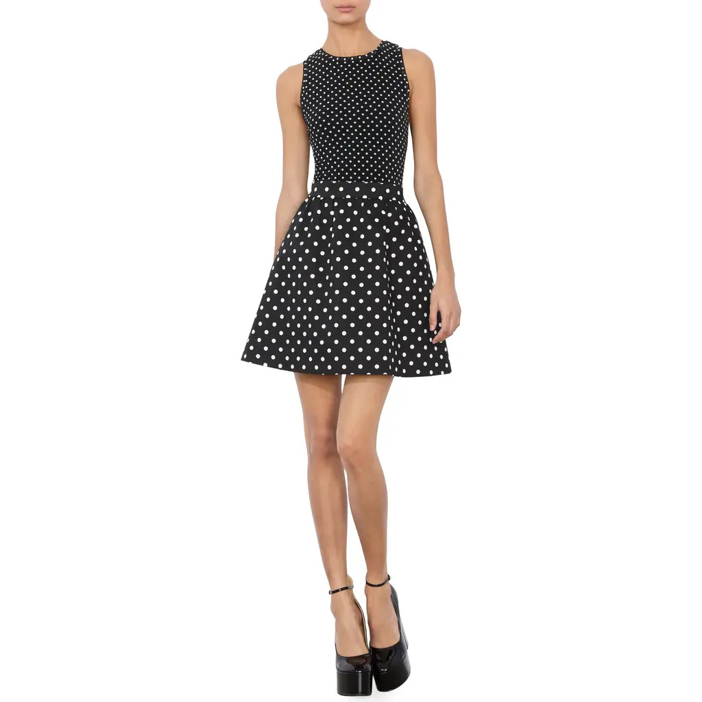 Alice + Olivia Chara Mixed Scale Polka Sot Sleeveless Fit & Flare Minidress in Black With White Dots at Nordstrom Rack, Size 10 | Nordstrom Rack