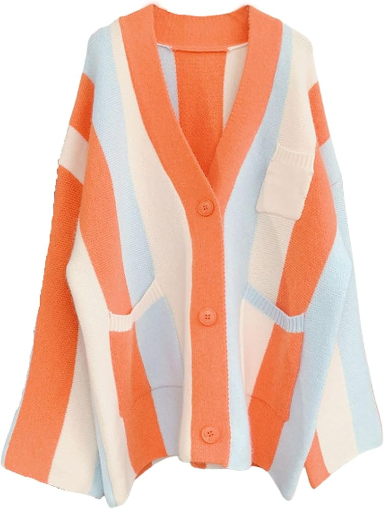 Womens Loose Long Sleeve Rainbow Striped Cardigans Sweater Boho Color Block Chunky Knitted Tops | Amazon (US)
